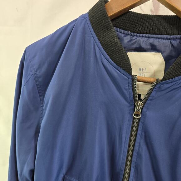 Anthropologie Jacket Women Small Blue Black Bomber Satin Hei Hei Crop Juneworthy - Picture 2 of 10